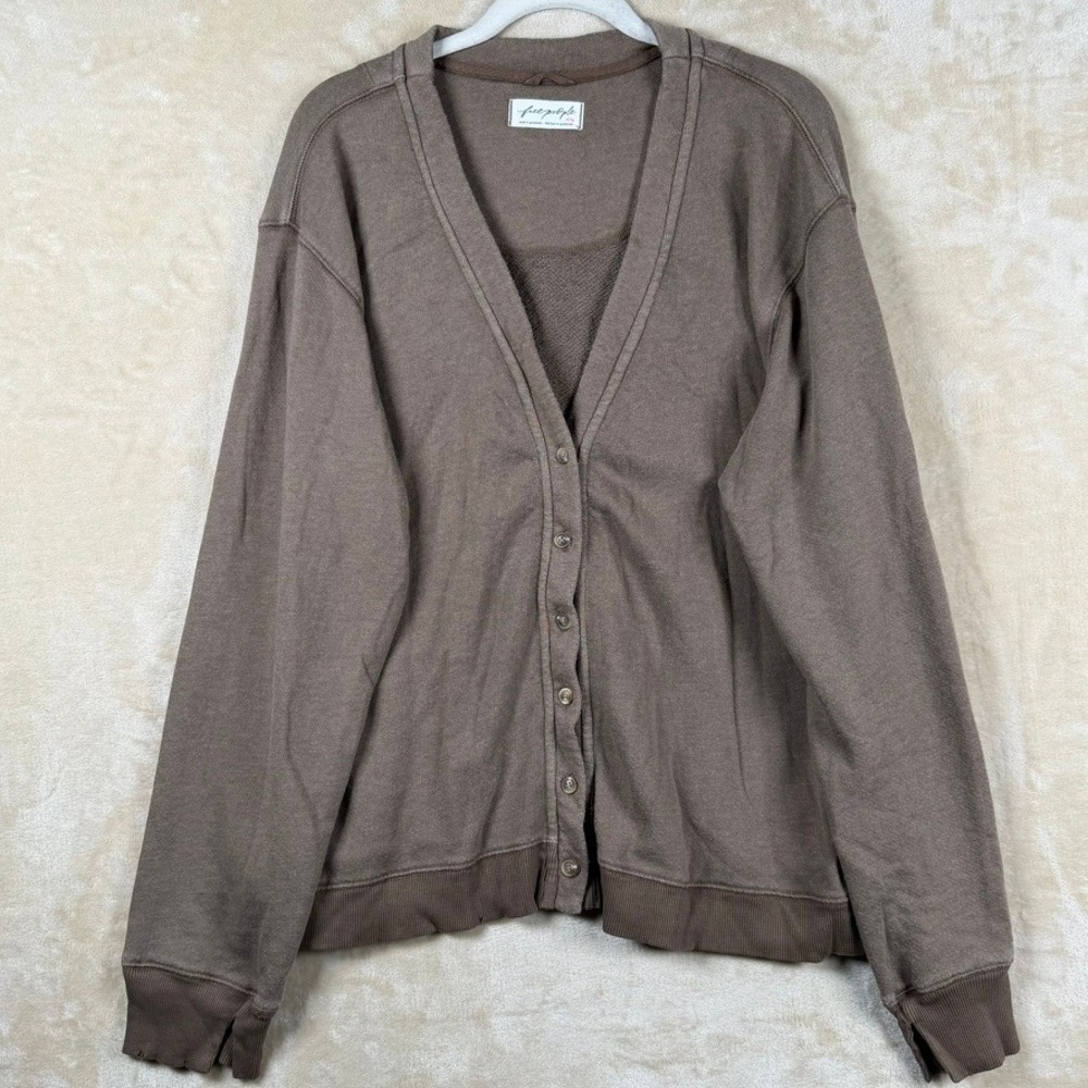 Free People Brown Button Front V-Neck Cardigan Sweater XL Cotton Blend Slouchy